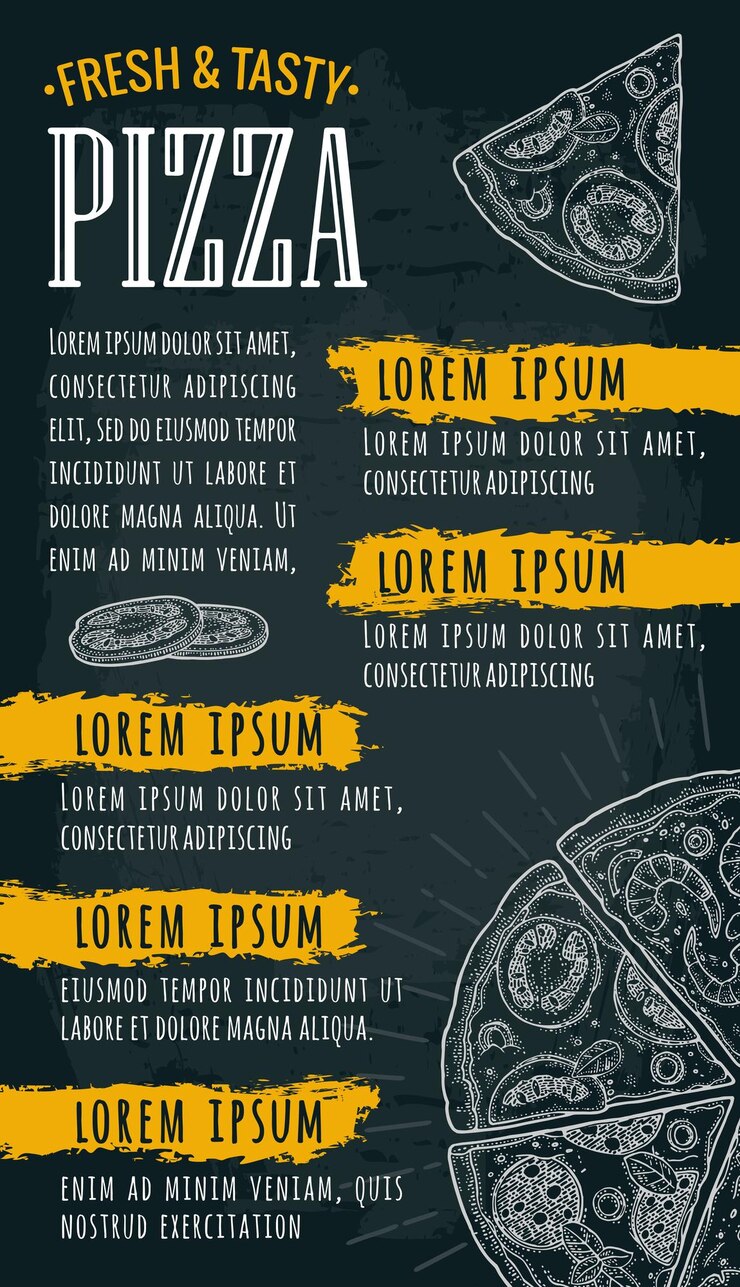 Vettore menu modello ristorante o bar con testo pizza lettering illustrazione di incisione vettoriale monocromatica vintage su sfondo scuro