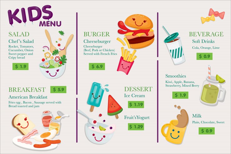 Menu per bambini Un menu molto carino per i bambini nel tuo ristorante.