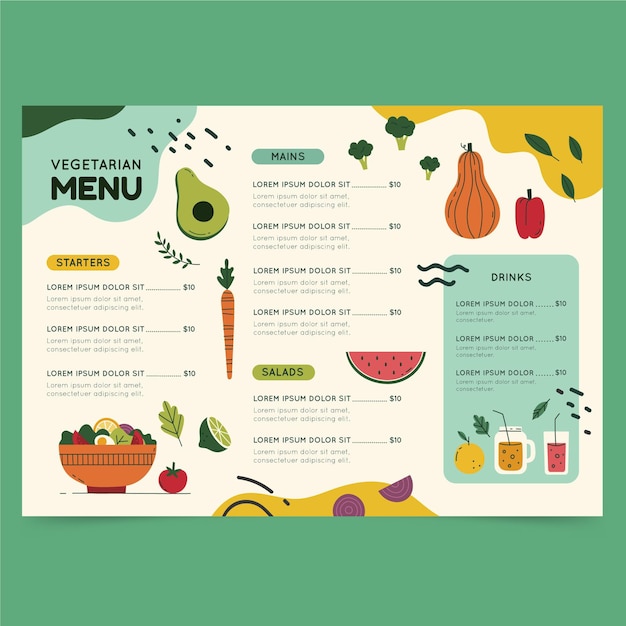 Menu vegetariano design piatto disegnato a mano