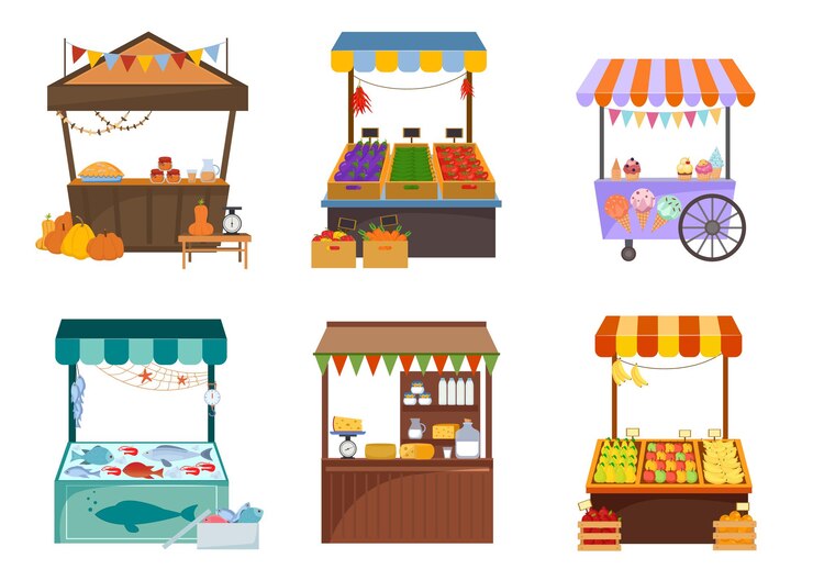 Mercati locali con set di illustrazioni piatte di prodotti alimentari