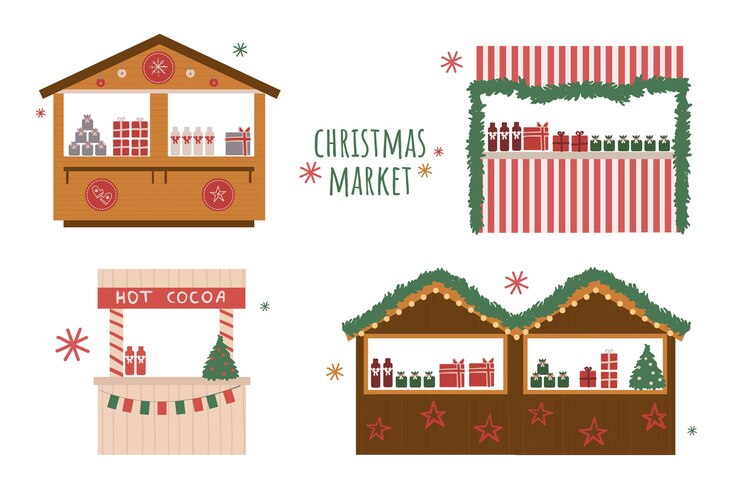 Vettore mercatino di natale serie di illustrazioni con decorazioni festive e ghirlande