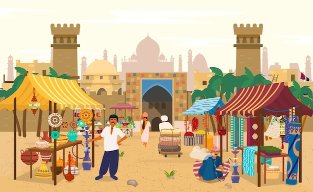 Mercato asiatico con persone e diversi negozi con antico paesaggio urbano sullo sfondo