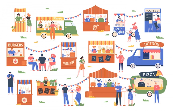 Vettore mercato del cibo di strada. mercato degli agricoltori all'aperto, i personaggi comprano e vendono verdure, pane, fiori e altri prodotti, illustrazione commerciale dello shopping di strada. chioschi locali, stand di venditori di cibo