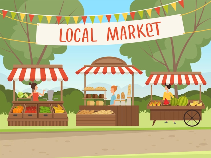 Vettore mercato locale. persone che acquistano cibo fresco e sano verdure frutta carne negozi di alimentari prodotti biologici sfondo.