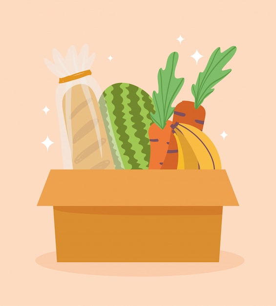 Mercato online, frutta e verdura di pane in scatola di cartone, consegna a domicilio di generi alimentari