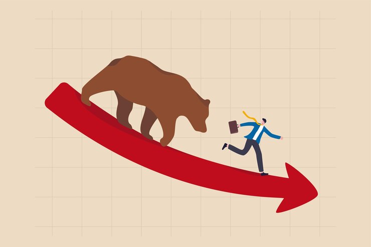 Vettore mercato orso, declino delle azioni per crisi economica, recessione o scoppio di bolle, concetto di calo del prezzo della criptovaluta, investitore d'affari vende tutte le azioni e scappa dall'orso sul grafico di declino rosso.