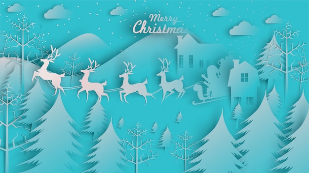 Merry Christmas Babbo Natale renna slitta di carta arte
