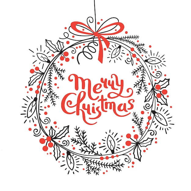 Merry Christmas card. Ghirlanda festosa di rami di abete, agrifoglio, ghirlanda di luci