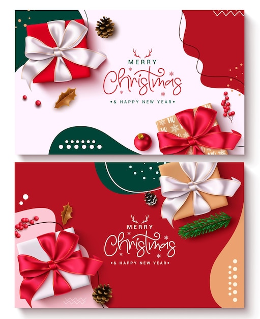 Merry christmas greeting card vector banner set design testo di auguri di Natale con scatola regalo