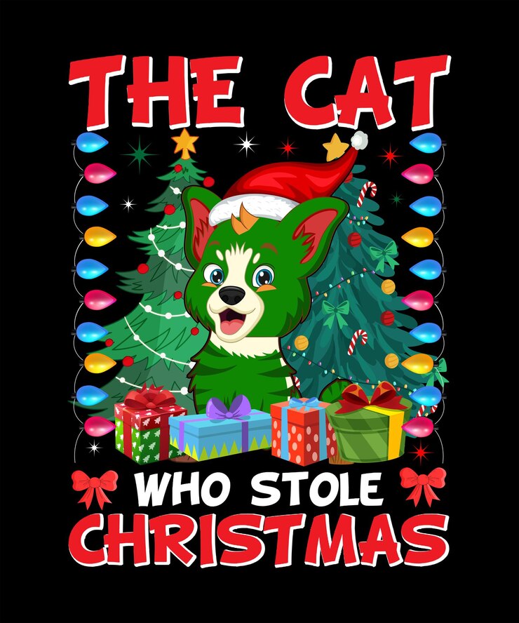 Merry Christmas T-shirt Design Il gatto che ha rubato il Natale