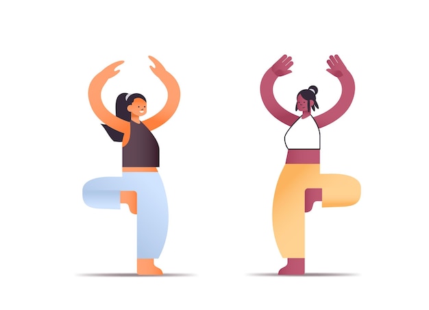 mescolare le donne della corsa in abiti sportivi facendo esercizi yoga concetto di stile di vita sano