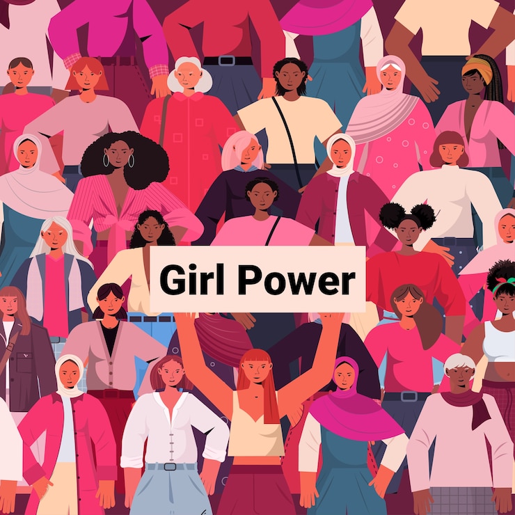Vettore mescolare le ragazze della corsa in piedi insieme emancipazione femminile movimento unione di potere delle donne delle femministe concetto ritratto illustrazione vettoriale