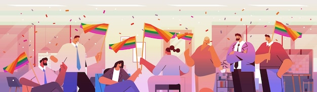 Mescolare uomini d'affari di razza che tengono bandiere arcobaleno lgbt gay lesbica love parade festival dell'orgoglio concetto di amore transgender