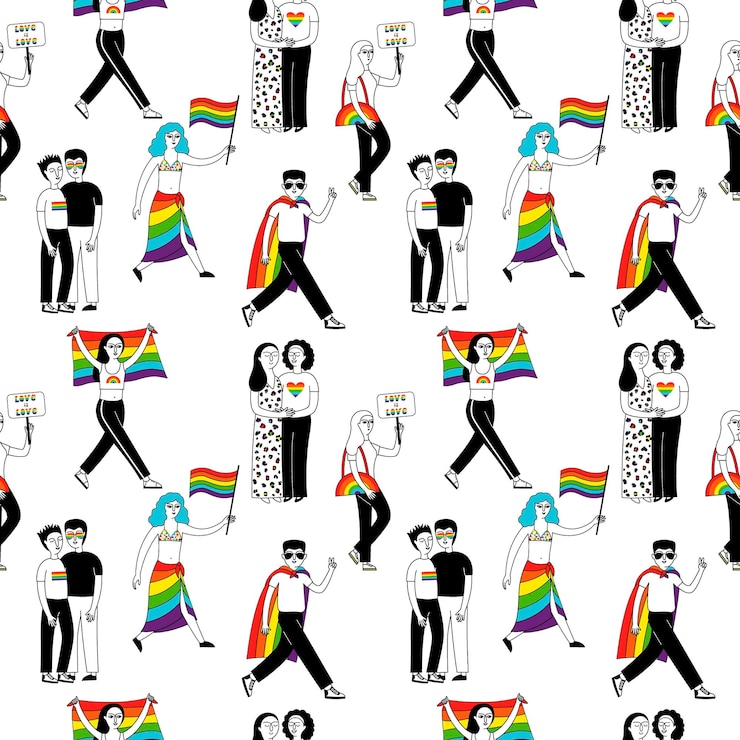Vettore mese dell'orgoglio. modello senza cuciture con un gruppo di persone che partecipano a una parata di orgoglio.