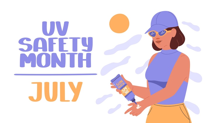 Mese di sicurezza UV luglio Donna che si applica la crema solare in mano Cura della pelle estiva Stendardo piatto