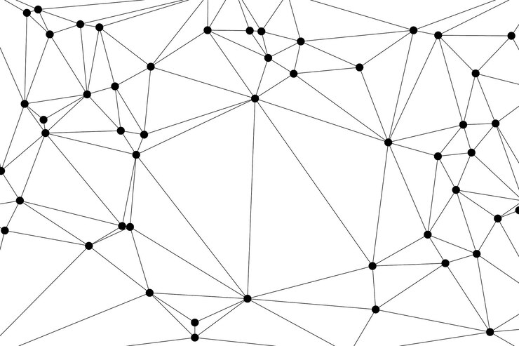 Vettore messa poligonale astratta con nodi neri e linee sottili crea un modello di rete geometrica minimalista