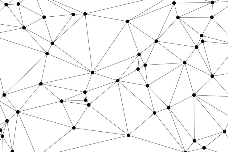 Vettore messa poligonale astratta con nodi neri e linee sottili crea un modello di rete geometrica minimalista