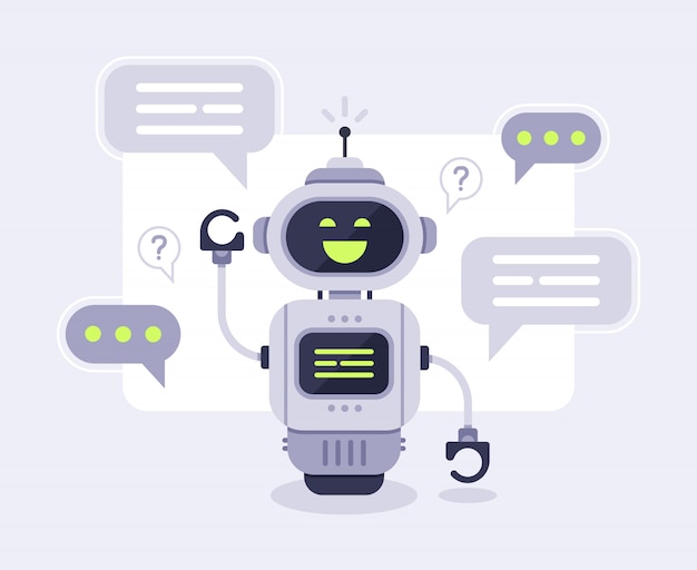 Messaggi chat bot. Conversazione astuta dell'assistente di chatbot, robot online del servizio clienti e parlare con illustrazione dei robot a macchina