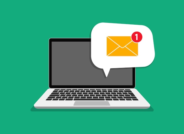 Messaggio di posta elettronica sullo schermo nel laptop. Computer portatile con busta sullo schermo. Concetto di promemoria del messaggio. Newsletter sul computer. Simbolo di ricezione e-mail, servizio, notifica, e-mail, nuovo messaggio.