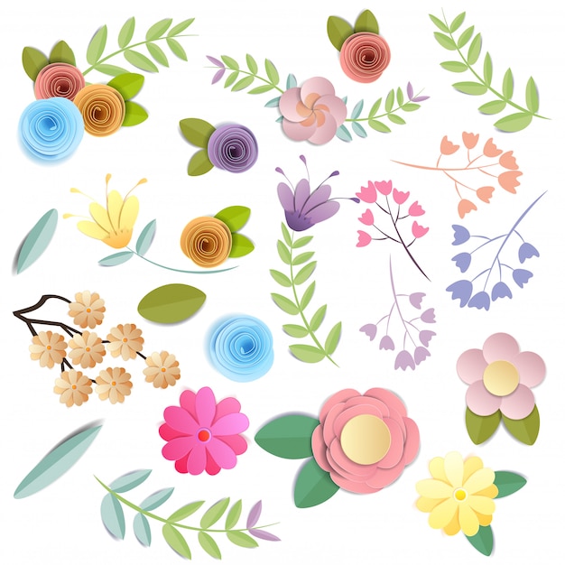 Mesti i fiori di carta, il mazzo floreale festivo, clipart della natura isolati su fondo bianco, vettore