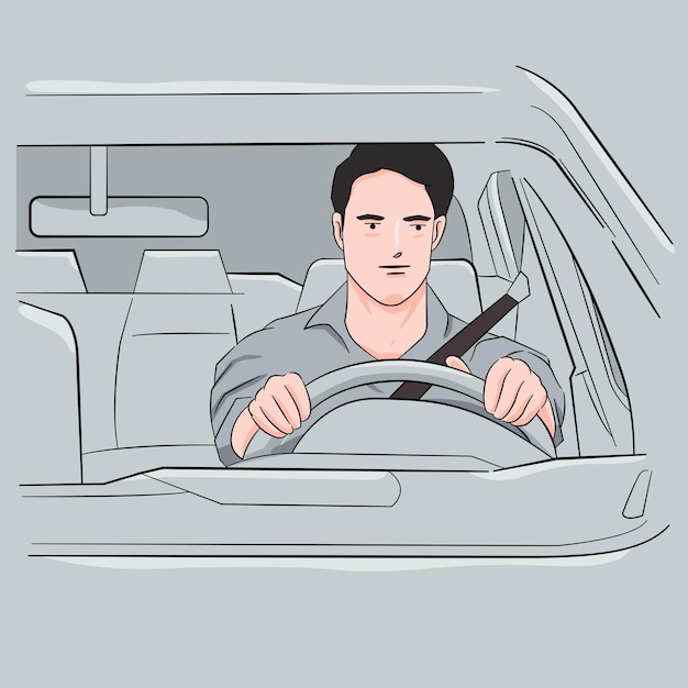 Metà uomo adulto sorridente mentre si guida auto Uomo felice sentirsi a proprio agio seduto sul sedile del conducente