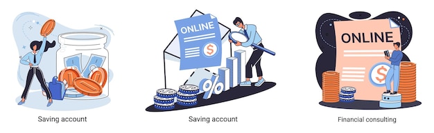 Metafora bancaria online consulenza finanziaria conto di risparmio Pagamento mobile transazioni in contanti App per trasferimento di denaro mobile Deposito bancario in denaro Portafoglio digitale Elaborazione del pagamento dell'investimento in contanti