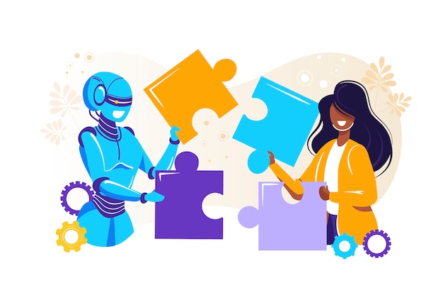 Metafora del team. persone che collegano elementi puzzle