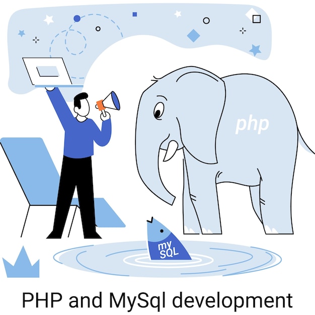 Metafora dello sviluppo di PHP e MySql Sviluppatore di siti Web di software con servizio di programmatore di computer linguaggio di programmazione generico open source Lo scripting di applicazioni Web consente di creare programmi