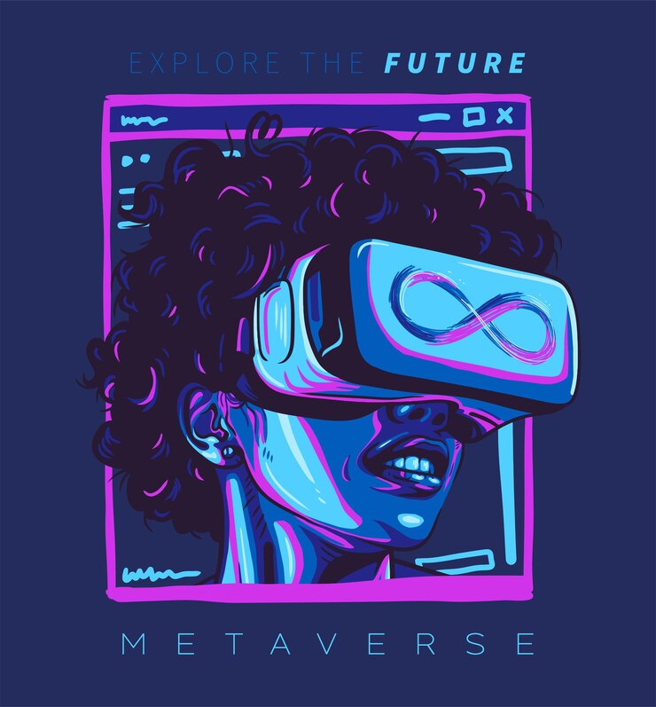 Vettore metaverse digital virtual reality technology di una donna che indossa un gioco vr montato sulla testa