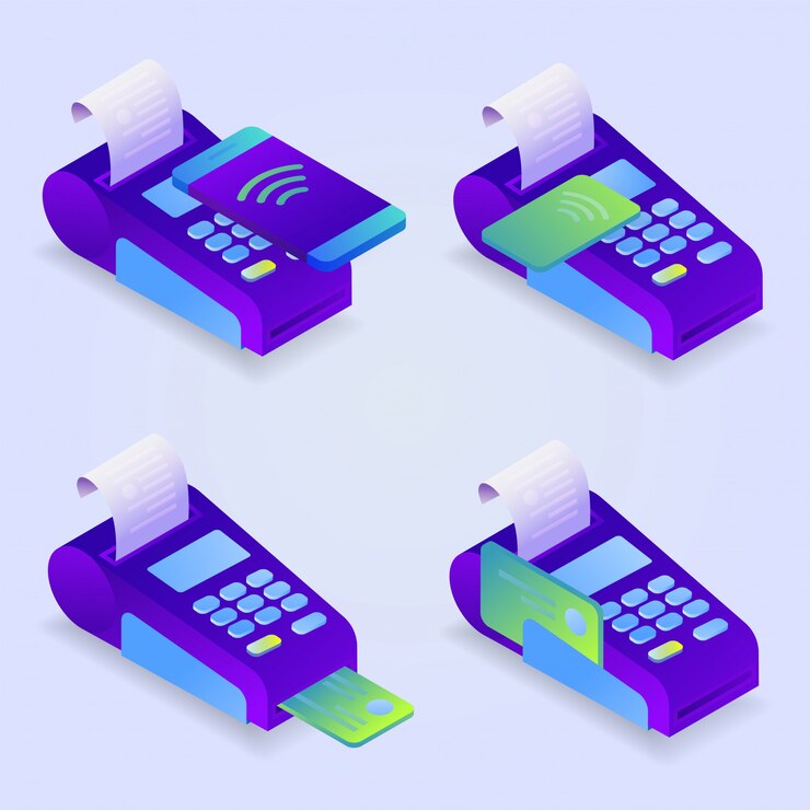 Metodi di pagamento terminali POS, pagamento online. Conferma il pagamento con carta di credito, telefono cellulare. isometrico
