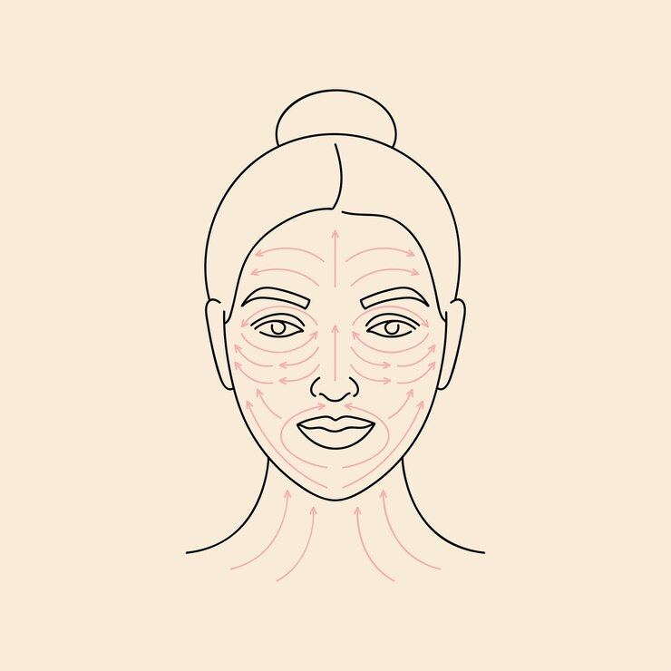 Vettore metodo di illustrazione vettoriale per il massaggio del viso. volto femminile con linee di freccia. trattamento di bellezza per il viso.