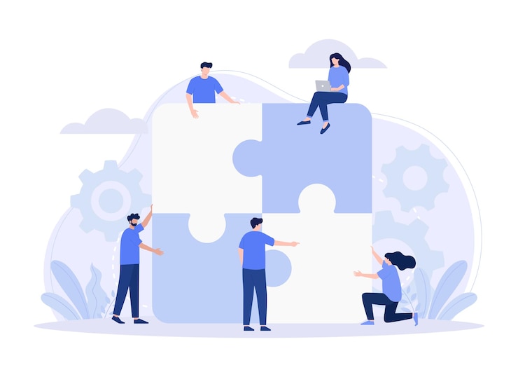 Mettere insieme puzzle isolato Partnership di lavoro di squadra Illustrazione piatta vettoriale moderna