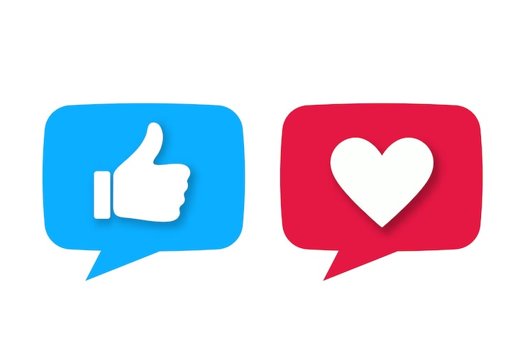 Vettore mi piace o pollice in alto e icone moderne di vettore del cuore con ombra che cade isolata su bianco. elementi di design per social network, marketing, smm, app, interfaccia e annunci.