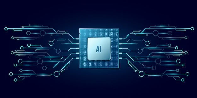 Microchip di IA luminoso collegato a una rete di circuiti futuristici su uno sfondo scuro