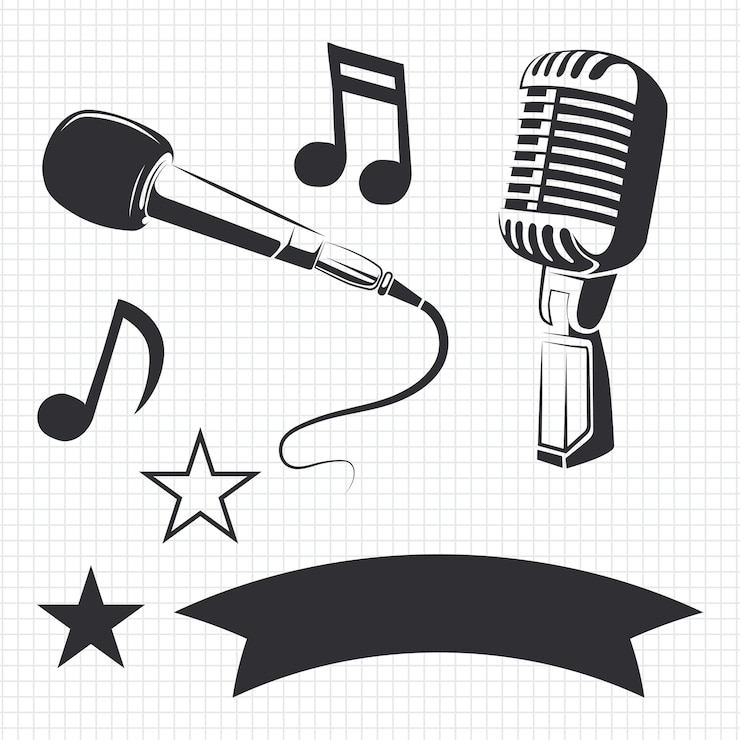 Vettore microfoni moderni e retrò e dettagli musicali per etichette
