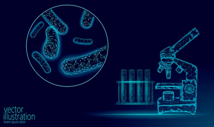 Vettore microscopio di batteri d basso poli rendono i probiotici sani digestione normale flora dell'intestino umano
