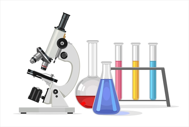 Microscopio di laboratorio con proiettili di vetro con liquido di diversi colori Attrezzatura medica