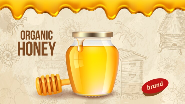 Miele di fattoria. Modello di cartello pubblicitario con miele realistico, sfondo di confezionamento di prodotti agricoli di alimenti biologici sani. Miele di fattoria, cibo dolce biologico, illustrazione naturale di apicoltura