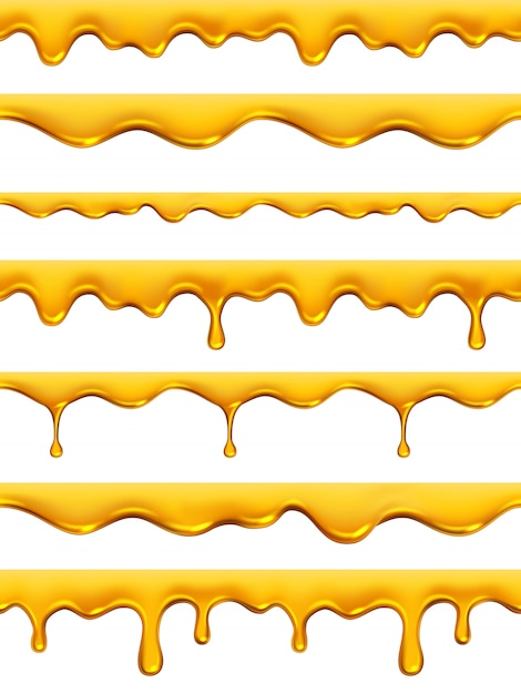 Miele gocciolante senza soluzione di continuità. Il miele giallo dorato del prodotto naturale spruzza la raccolta realistica dei modelli dell'olio liquido dello sciroppo