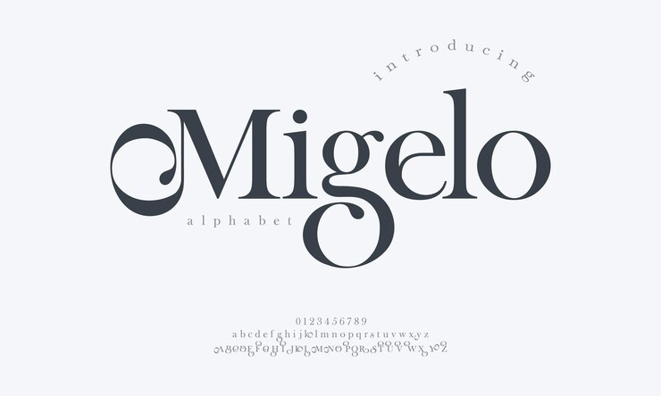 Migelo premium lusso elegante alfabeto lettere e numeri elegante tipografia nuziale serif classico