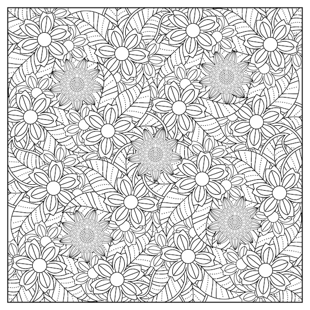 Miglior pagina da colorare di fiori e mandala di fiori disegnati a mano per adulti