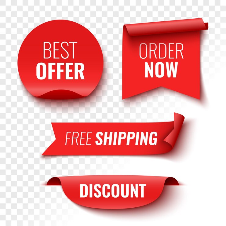Migliore offerta ordina ora spedizione gratuita e banner di vendita scontati Nastri rossi Tag e adesivi Illustrazione vettoriale Vector