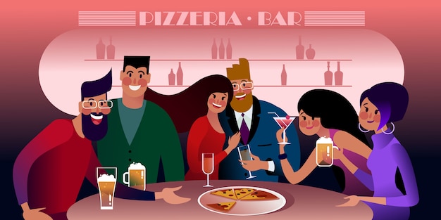 Millennials riuniti in una pizzeria. Illustrazione piatta.
