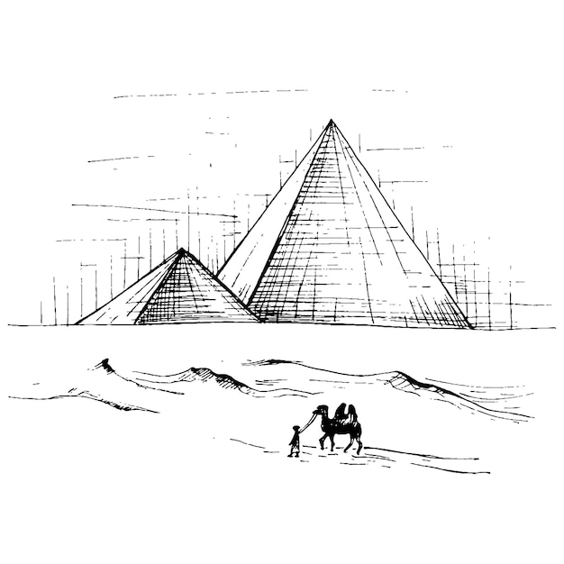 Minareti panoramici e cielo al tramonto con cammello. Illustrazione nera da cova dell'annata di vettore. Disegno disegnato a mano
