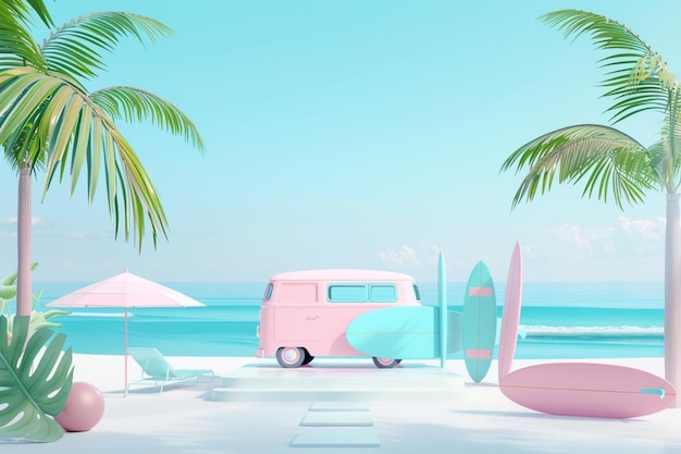 Mini furgone rosa con tavola da surf sul tetto sulla spiaggia del mare Illustrazione in stile piatto Raster