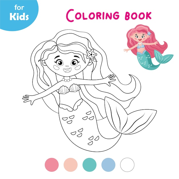 Mini gioco serie marine Libro da colorare per bambini Simpatica sirena in stile cartone animato