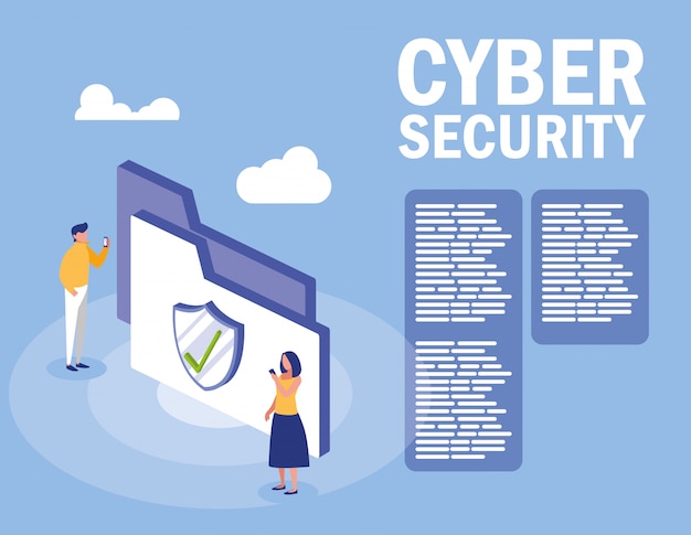 Mini persone con cartelle e sicurezza informatica