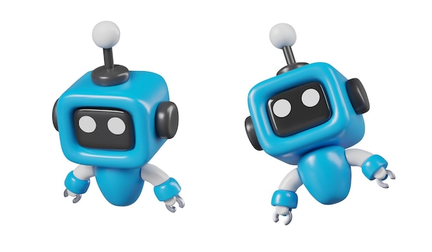Mini robot divertenti in diverse posizioni Piccolo droide blu su sfondo bianco