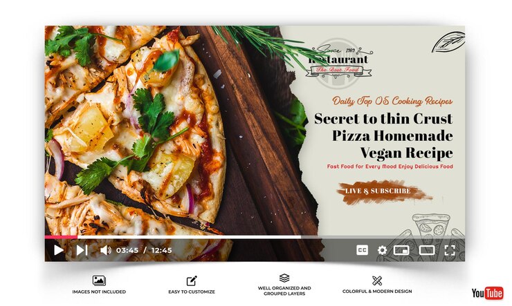 Vettore miniatura di youtube per il modello di cibo vettore premium