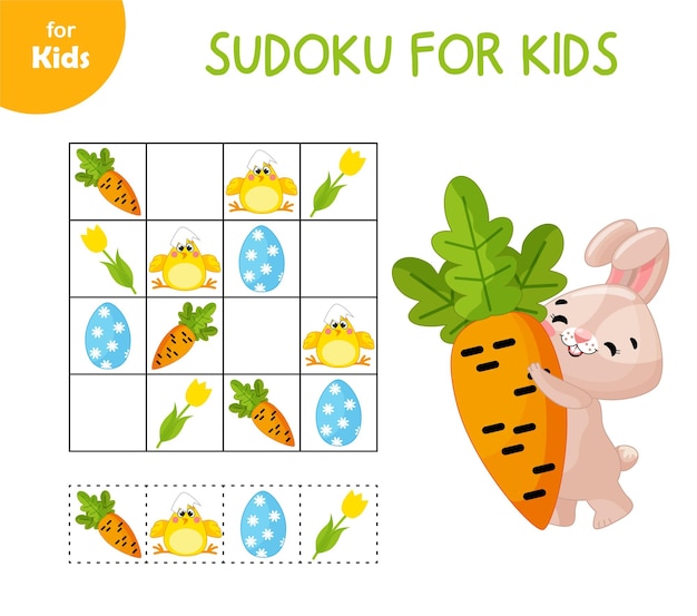 Minigioco per bambini sul tema della Pasqua Aiuta a risolvere il sudoku con uova e carote